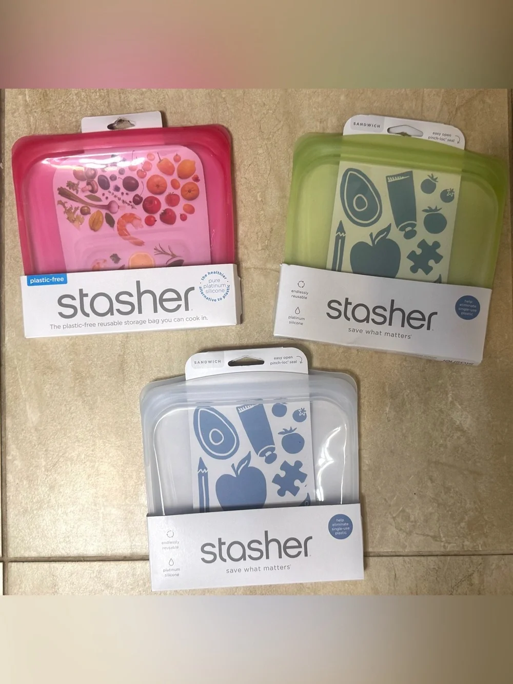 Stasher™ Silicone Reusable  1/2 gallon, 2 Cup Bowl, 3 Sandwich and 1 snack